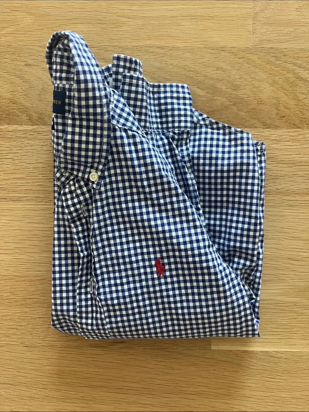 Ralph Lauren Navy and White Gingham Button-Down Shirt with Red Logo